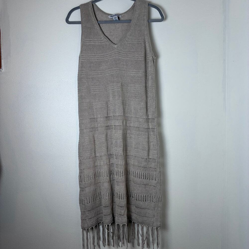 Tommy Bahama 100% Linen Knit Fringe Shift Dress Neutral Taupe M